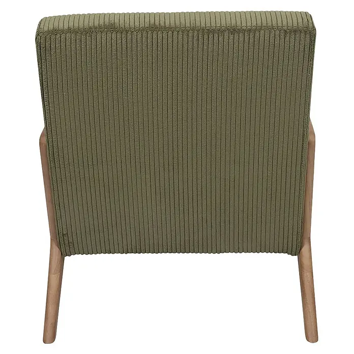 Home Deco Factory Sillón Scott - L x An x Al: 83,5 x 64,5 x 75 cm, Verde, Textil canalé - Vista trasera de un sillón con tapicería acanalada verde oliva y patas de madera clara.