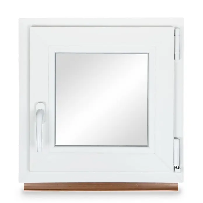 Neruli Kellerfenster 55x55 cm(BxH) DIN Rechts 2 -fach Glas Dichtung Grau - 55 x 55 cm, DIN Anschlag: Rechts, Weiß - Weißes PVC-Fenster mit einfacher Verglasung, Griff links und Scharnieren rechts. Mit braunem Fensterbrett.
