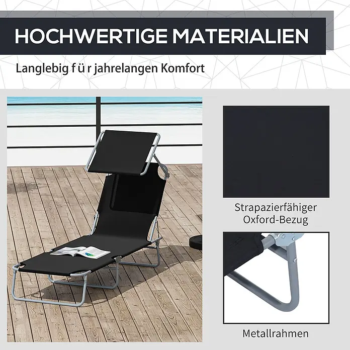 Furnicato Gartenliege - B x T: 58 x 187 cm, Schwarz, Polyester - Schwarze faltbare Sonnenliege mit verstellbarer Rückenlehne und Sonnendach, aus Oxford-Gewebe und Metallrahmen, auf einer Holzterrasse.