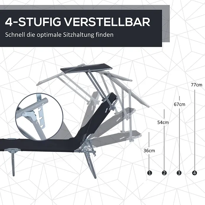 Furnicato Gartenliege - B x T: 58 x 187 cm, Schwarz, Polyester - Schwarzer und grauer verstellbarer Liegestuhl, der seine vier Neigungspositionen und den Einstellmechanismus zeigt.