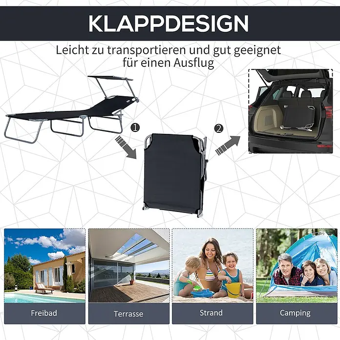 Furnicato Gartenliege - B x T: 58 x 187 cm, Schwarz, Polyester - Schwarze, klappbare Sonnenliege mit Sonnendach, einfach zu transportieren und im Kofferraum verstaubar, ideal für Ausflüge.