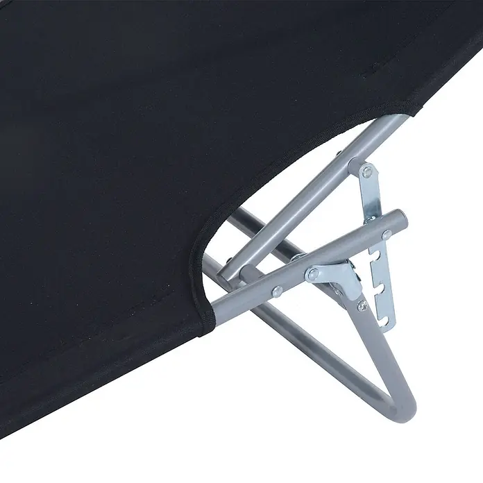 Furnicato Gartenliege - B x T: 58 x 187 cm, Schwarz, Polyester - Nahaufnahme eines schwarzen Klappbetts aus Stoff mit grauem Metallgestell und Scharnieren.