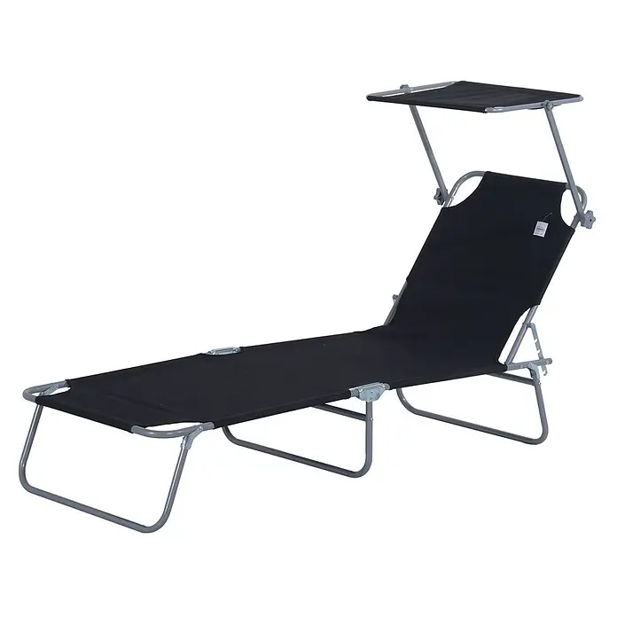 Furnicato Gartenliege - B x T: 58 x 187 cm, Schwarz, Polyester - Schwarze klappbare Sonnenliege mit grauem Metallrahmen, verstellbarer Rückenlehne und Sonnendach.