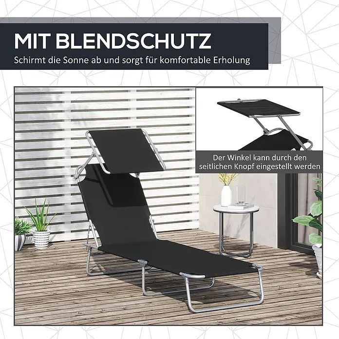 Furnicato Gartenliege - B x T: 58 x 187 cm, Schwarz, Polyester - Schwarze Sonnenliege mit verstellbarem Sonnendach auf einer Holzterrasse für entspannte Erholung im Freien.