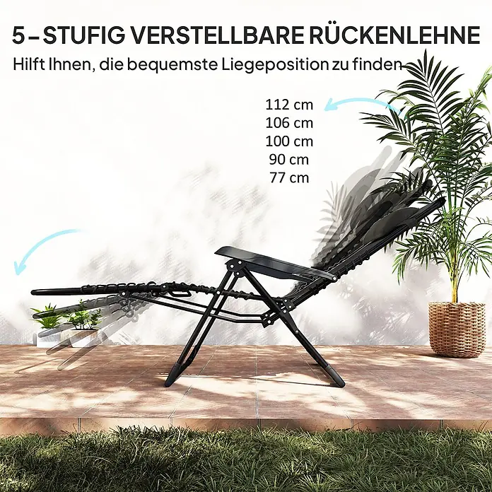 Outsunny Garten-Liegestuhl - Metall, Textelin, Klappbar, Schwarz, B x T x H: 65 x 160 x 112 cm - Schwarzer 5-fach verstellbarer Liegestuhl auf einer Terrasse, zeigt verschiedene Liegepositionen mit Maßen (112-77 cm).