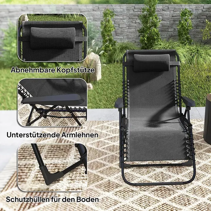 Outsunny Garten-Liegestuhl - Metall, Textelin, Klappbar, Schwarz, B x T x H: 65 x 160 x 112 cm - Dunkelgrauer Zero-Gravity Liegestuhl mit abnehmbarer Kopfstütze, stützenden Armlehnen und Bodenschutz, auf einer Terrasse gezeigt.