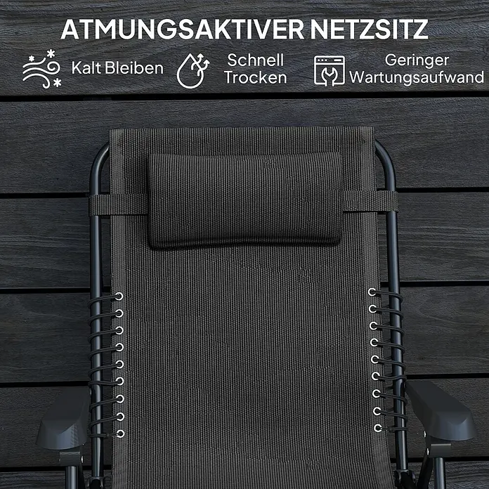 Outsunny Garten-Liegestuhl - Metall, Textelin, Klappbar, Schwarz, B x T x H: 65 x 160 x 112 cm - Atmungsaktiver, schnell trocknender schwarzer Netz-Liegestuhl mit Kopfstütze.