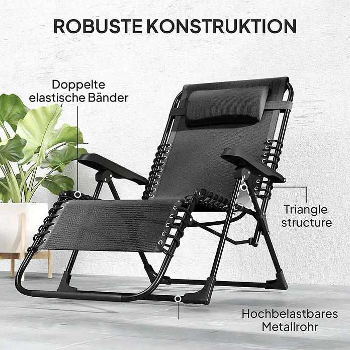 Outsunny Garten-Liegestuhl - Metall, Textelin, Klappbar, Schwarz, B x T x H: 65 x 160 x 112 cm - Schwarzer Zero-Gravity Liegestuhl, der robuste Konstruktion mit doppelten Gummibändern, Dreiecksrahmen und hochbelastbarem Metallrohr zeigt.
