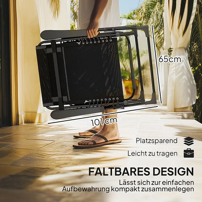 Outsunny Garten-Liegestuhl - Metall, Textelin, Klappbar, Schwarz, B x T x H: 65 x 160 x 112 cm - Schwarzer Klappliegestuhl (101x65cm) wird getragen. Faltbares Design: platzsparend, leicht zu tragen, kompakt verstaubar.