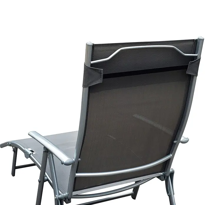 Furnicato Gartenliege - B x T: 63,5 x 180 cm, Grau, Metall - Dunkelgrauer Mesh-Klappliegestuhl mit silbernem Metallrahmen und verstellbarer Rückenlehne, von hinten gesehen.
