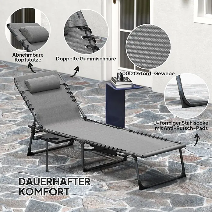 Furnicato Gartenliege - B x T: 60 x 190 cm, Grau, Kunststoff - Grauer klappbarer Schwerelosigkeitsliegestuhl mit abnehmbarer Kopfstütze, robustem Oxford-Gewebe und stabilem U-förmigem Sockel auf einer Terrasse.