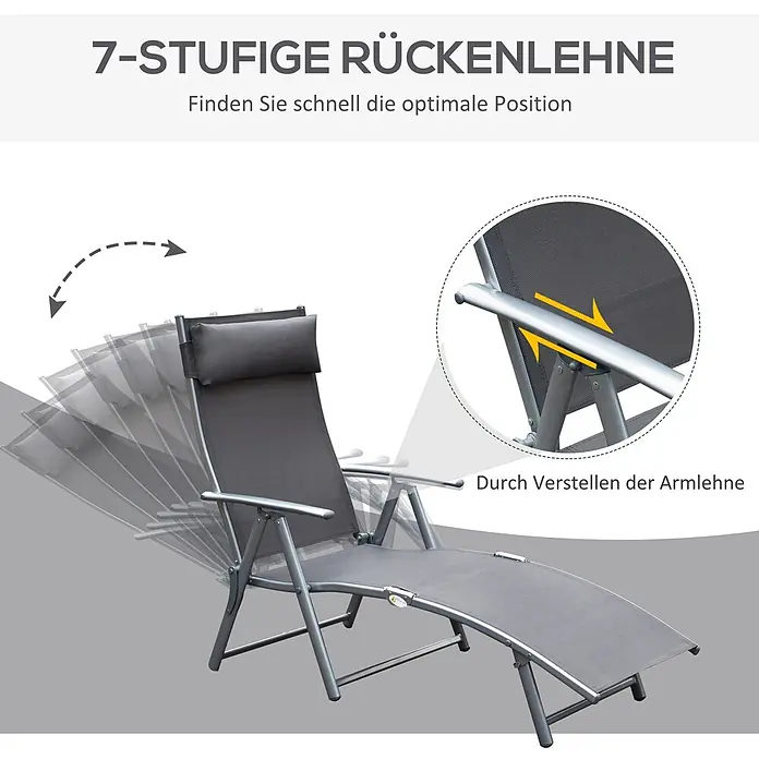 Furnicato Gartenliege - B x T: 63,5 x 180 cm, Grau, Metall - Graue Relaxliege mit 7-stufig verstellbarer Rückenlehne. Die Einstellung erfolgt über die Armlehne.