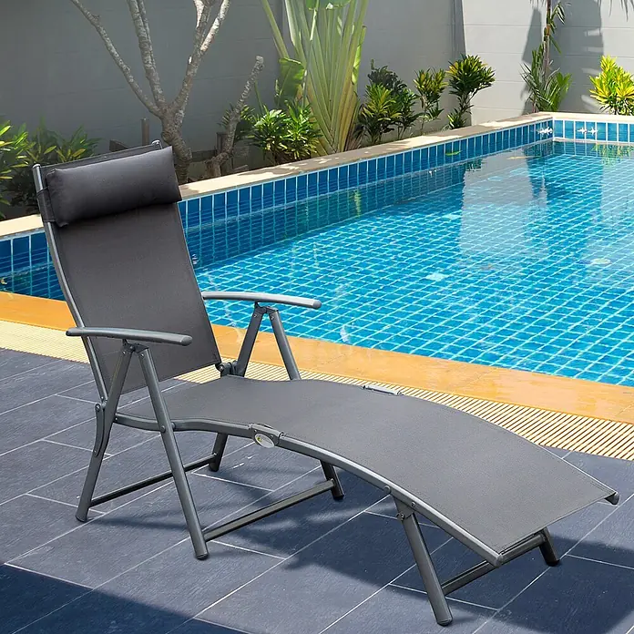 Furnicato Gartenliege - B x T: 63,5 x 180 cm, Grau, Metall - Dunkelgraue klappbare Sonnenliege mit Kopfkissen am Pool.