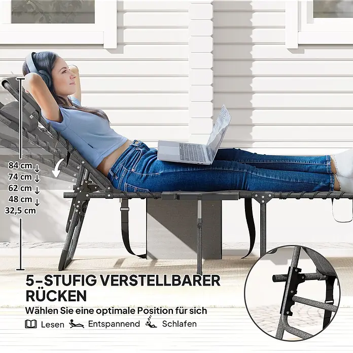 Furnicato Gartenliege - B x T: 60 x 190 cm, Grau, Kunststoff - Graue Outdoor-Liege mit 5-stufig verstellbarer Rückenlehne, ideal zum Lesen, Entspannen oder Schlafen, gezeigt mit einer Person.