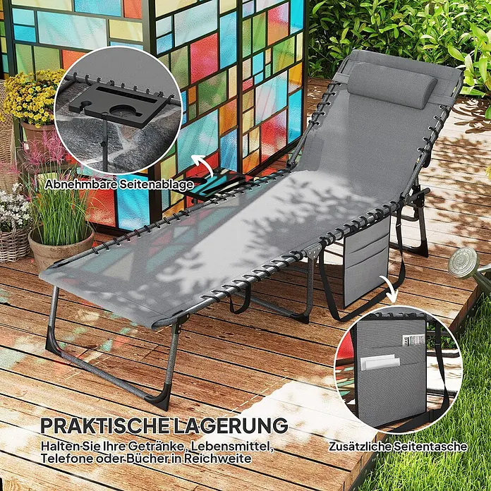 Furnicato Gartenliege - B x T: 60 x 190 cm, Grau, Kunststoff - Grauer Schwerelosigkeitsliegestuhl mit abnehmbarem Beistelltisch und seitlicher Aufbewahrungstasche, ideal für die Entspannung im Freien.
