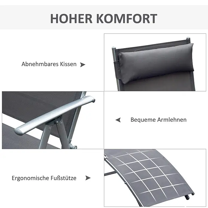 Furnicato Gartenliege - B x T: 63,5 x 180 cm, Grau, Metall - Komfortmerkmale einer grauen Relaxliege: abnehmbares Kissen, bequeme Armlehnen, ergonomische Fußstütze.