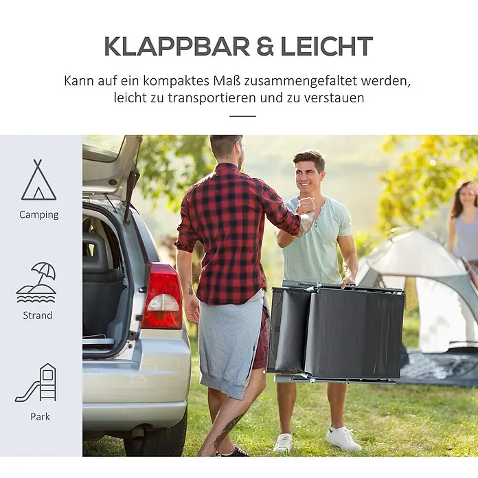 Furnicato Gartenliege - B x T: 63,5 x 180 cm, Grau, Metall - Zwei Männer halten einen dunkelgrauen, faltbaren Outdoor-Organizer aus Netzgewebe auf einem Campingplatz. Er ist kompakt und leicht zu transportieren.