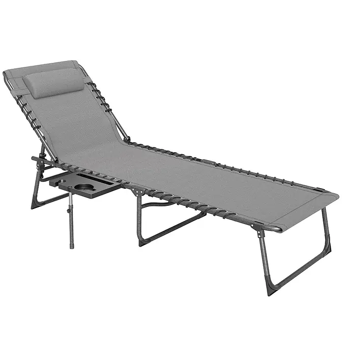 Furnicato Gartenliege - B x T: 60 x 190 cm, Grau, Kunststoff - Grauer Zero-Gravity-Liegestuhl mit Netzgewebe, verstellbarer Kopfstütze und seitlichem Ablagetisch mit Getränkehaltern.