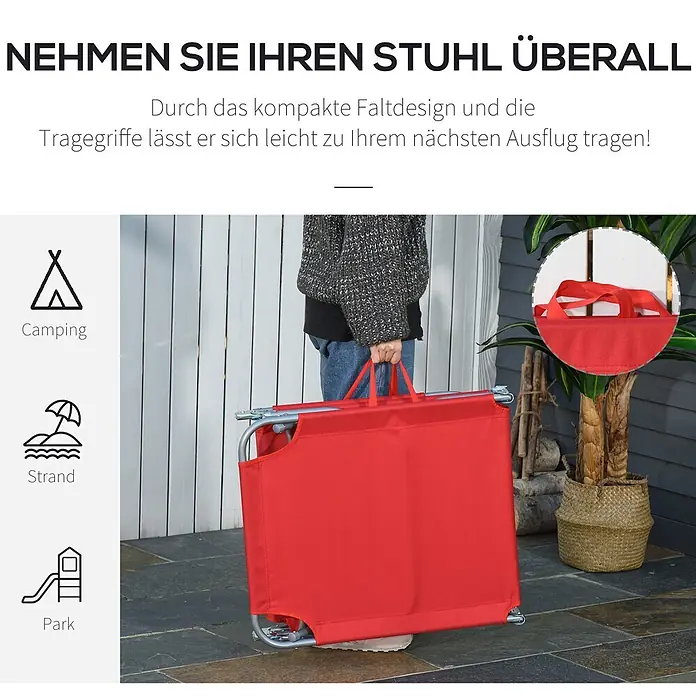 Furnicato Gartenliege - B x T: 55 x 187 cm, Rot, Polyester - Roter faltbarer Liegestuhl mit Tragegriffen, einfach zu transportieren für Ausflüge.