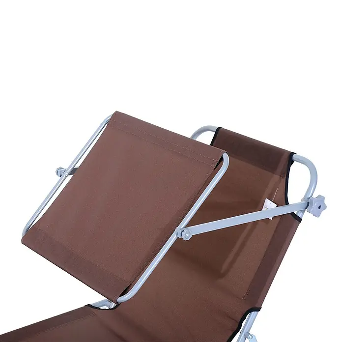 Furnicato Gartenliege - B x T: 58 x 187 cm, Braun, Polyester - Braunes, verstellbares Kopfteil/Rückenlehne eines Klappliegestuhls mit grauem Metallrahmen und Einstellknöpfen.