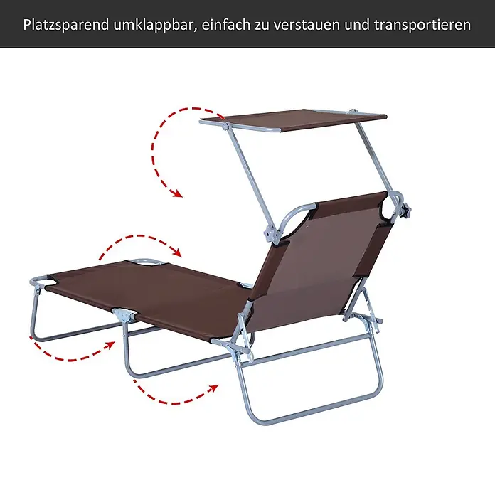 Furnicato Gartenliege - B x T: 58 x 187 cm, Braun, Polyester - Braune klappbare Sonnenliege mit verstellbarem Sonnendach und Rückenlehne, mit Klapppfeilen dargestellt.
