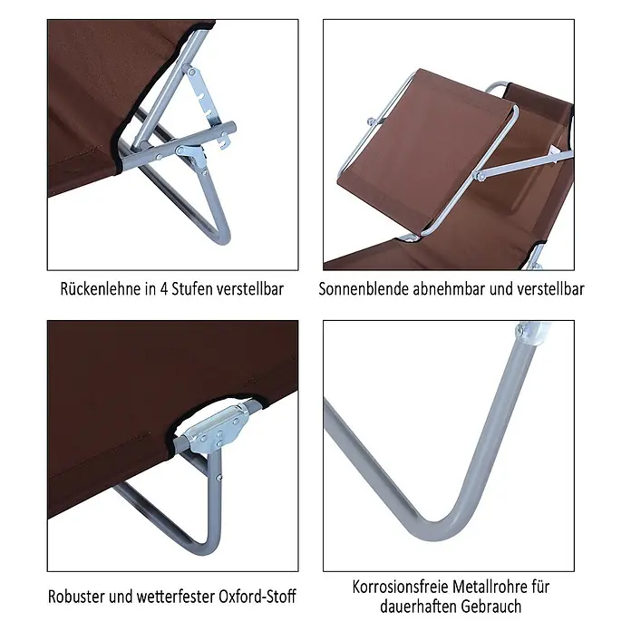 Furnicato Gartenliege - B x T: 58 x 187 cm, Braun, Polyester - Braune Klappliege mit verstellbarer Rückenlehne, Sonnenblende, strapazierfähigem Oxford-Stoff und korrosionsfreiem Metallrahmen.