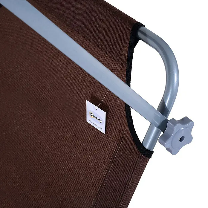 Furnicato Gartenliege - B x T: 58 x 187 cm, Braun, Polyester - Brauner Stoffteil eines Outdoor-Möbels mit silbergrauem Metallrahmen und grauem Sternschraubknopf. Ein Etikett zeigt "Maximalgewicht: 120KG".