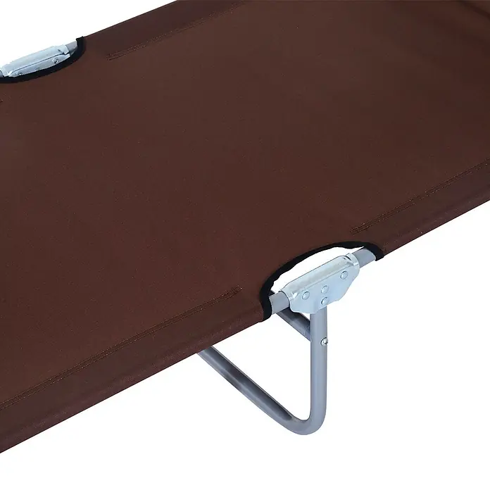 Furnicato Gartenliege - B x T: 58 x 187 cm, Braun, Polyester - Braunes, tragbares Feldbett mit silbernem Metallrahmen und Klappbeinen, Nahaufnahme.