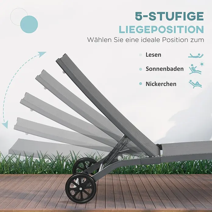 Furnicato Gartenliege - B x T: 66 x 195 cm, Blau, Aluminium - Dunkelgraue Sonnenliege mit Rädern, zeigt 5-fach verstellbare Rückenlehne für Lesen, Sonnenbaden oder Nickerchen auf Holzterrasse.