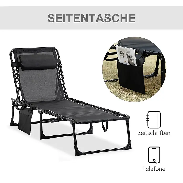 Furnicato Gartenliege - B x T: 58 x 185 cm, Schwarz, Polyester - Schwarze Relaxliege aus Mesh-Gewebe mit Seitentasche für Zeitschriften und Telefone.