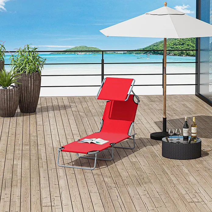Furnicato Gartenliege - B x T: 58 x 187 cm, Rot, Polyester - Roter klappbarer Liegestuhl mit verstellbarem Sonnenschutz auf Holzterrasse mit Strandblick.