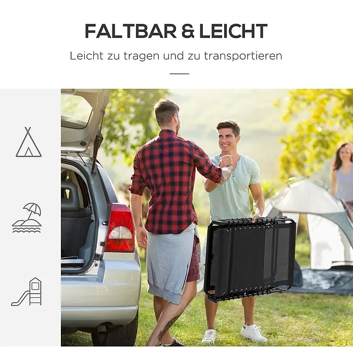 Furnicato Gartenliege - B x T: 58 x 185 cm, Schwarz, Polyester - Schwarzer, faltbarer Liegestuhl wird von einem Mann getragen, was seine Tragbarkeit betont.