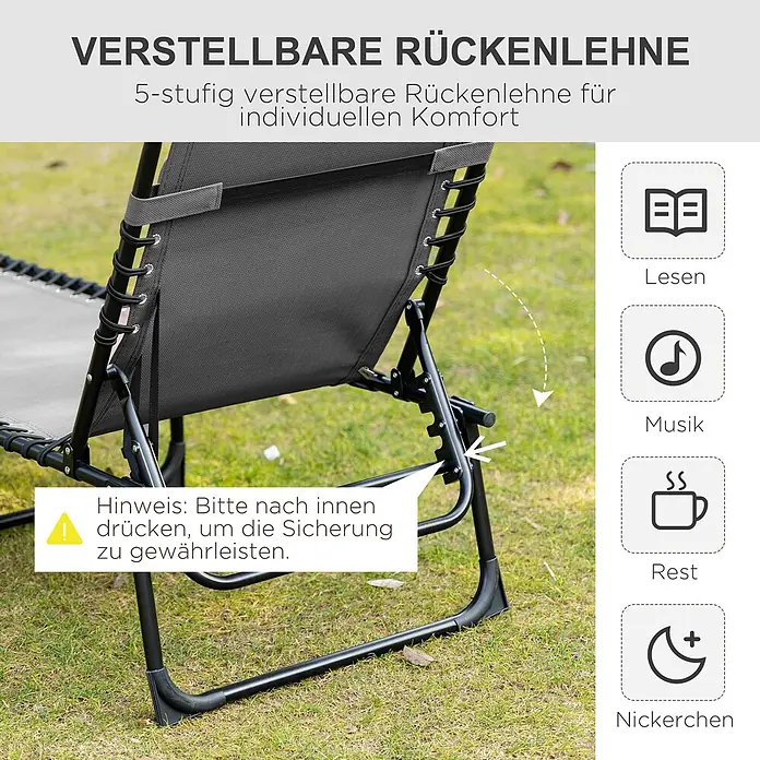 Furnicato Gartenliege - B x T: 58 x 185 cm, Schwarz, Polyester - Dunkelgraue, verstellbare Rückenlehne eines Liegestuhls. 5 Verstellstufen; Mechanismus zum Sichern nach innen drücken.