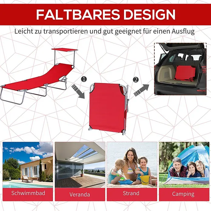 Furnicato Gartenliege - B x T: 58 x 187 cm, Rot, Polyester - Rote klappbare Sonnenliege, leicht zu transportieren und vielseitig einsetzbar für Schwimmbad, Strand, Veranda oder Camping.