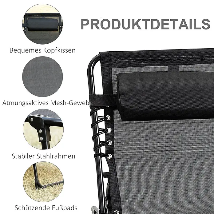 Furnicato Gartenliege - B x T: 58 x 185 cm, Schwarz, Polyester - Detailansicht eines schwarzen Netzsessels: bequemes Kopfkissen, atmungsaktives Gewebe, stabiler Stahlrahmen, schützende Fußpads.