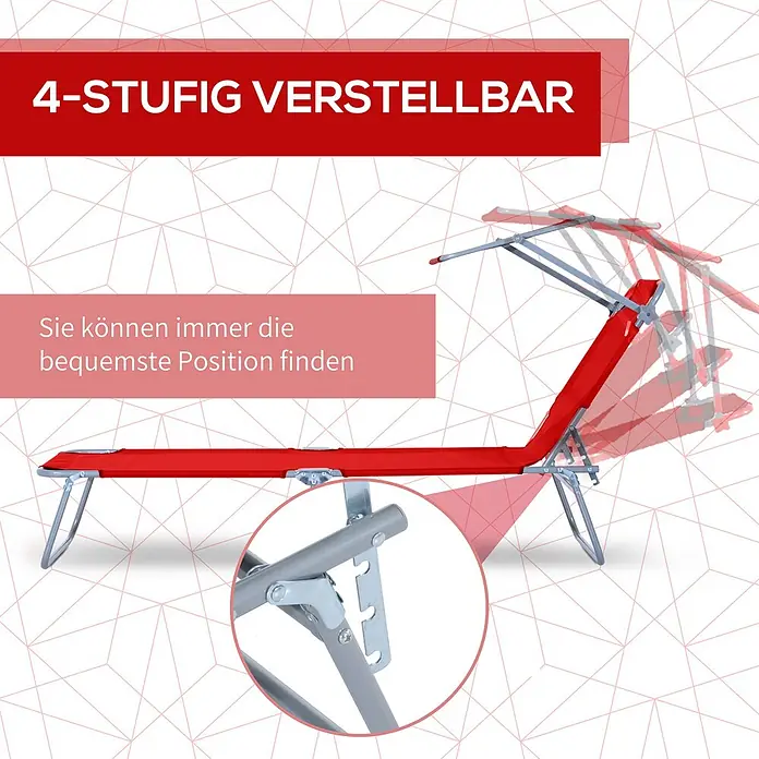 Furnicato Gartenliege - B x T: 58 x 187 cm, Rot, Polyester - Rote Sonnenliege mit grauem Gestell, zeigt 4 verstellbare Liegepositionen und den Einstellmechanismus.