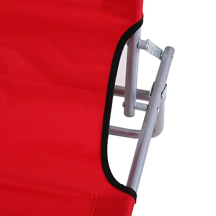 Furnicato Gartenliege - B x T: 58 x 187 cm, Rot, Polyester - Nahaufnahme einer roten Stofffläche mit schwarzem Rand, verbunden mit einem grauen Metallrahmen und einem silbernen Scharniermechanismus.