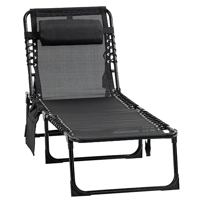 Furnicato Gartenliege - B x T: 58 x 185 cm, Schwarz, Polyester - Schwarzer Zero-Gravity-Liegestuhl mit Netzgewebe, Bungee-Seilaufhängung und Kopfstütze auf schwarzem Metallrahmen.