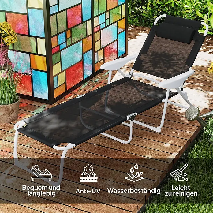 Outsunny Gartenliege - Schwarz, Metall, Rückenlehne verstellbar - Schwarze Netztuch-Sonnenliege mit weißem Rahmen auf einer Holzterrasse für Entspannung im Freien.