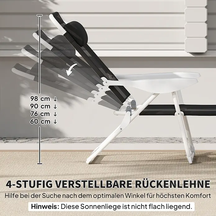Outsunny Gartenliege - Schwarz, Metall, Rückenlehne verstellbar - Weiß-schwarzer Liegestuhl mit 4-fach verstellbarer Rückenlehne. Die Höhen von 98 cm bis 60 cm werden für optimalen Komfort angezeigt.