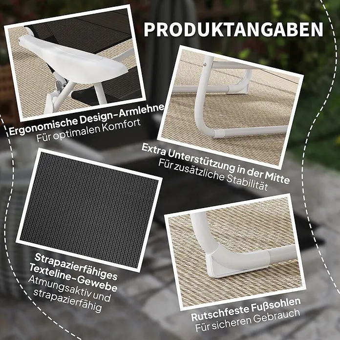 Outsunny Gartenliege - Schwarz, Metall, Rückenlehne verstellbar - Merkmale eines Gartenstuhls: ergonomische Armlehnen, robustes Texteline-Gewebe, zentrale Stütze, rutschfeste Füße.