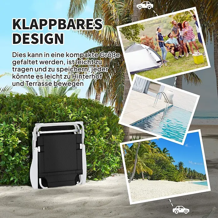 Outsunny Gartenliege - Schwarz, Metall, Rückenlehne verstellbar - Ein kompakter, zusammengeklappter schwarz-weißer Liegestuhl auf Sand, bereit für Strand, Garten oder Camping.
