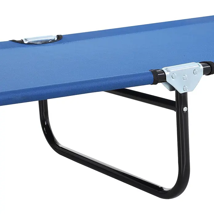 Furnicato Gartenliege - B x T: 56 x 188 cm, Blau, Polyester - Nahaufnahme eines blauen Feldbettes mit schwarzen Metallbeinen und silbernen Klappmechanismen.