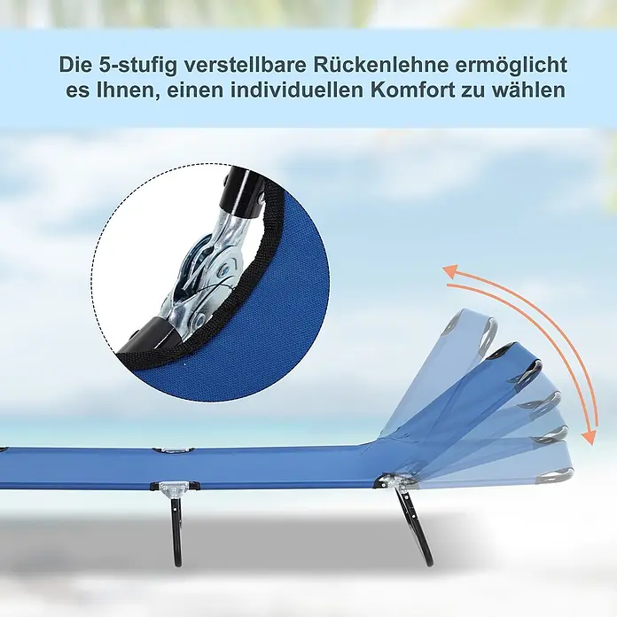 Furnicato Gartenliege - B x T: 56 x 188 cm, Blau, Polyester - Blaue Liege/Feldbett mit Detailansicht der 5-fach verstellbaren Rückenlehnenfunktion.