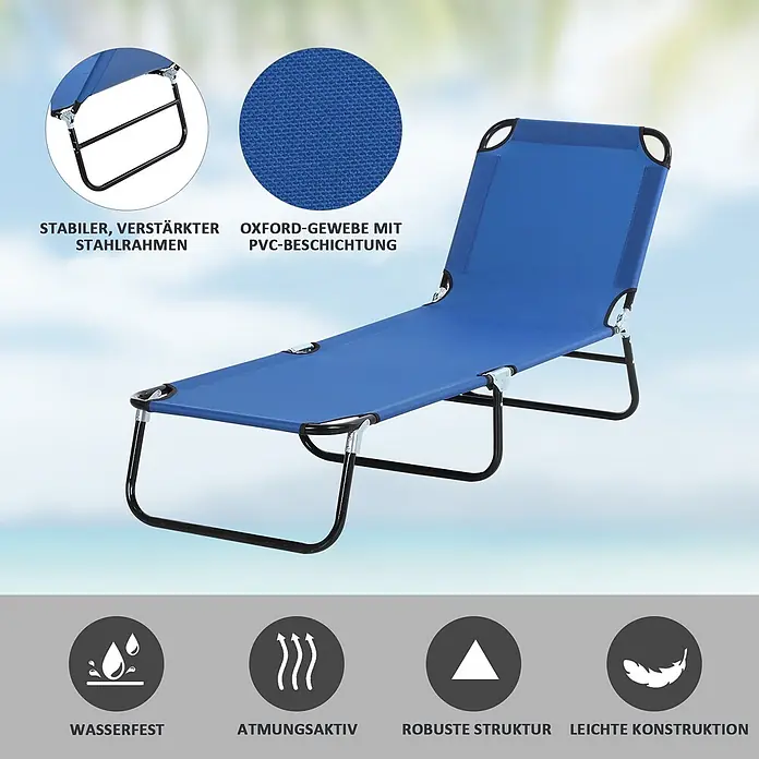 Furnicato Gartenliege - B x T: 56 x 188 cm, Blau, Polyester - Blaue klappbare Sonnenliege mit Stahlrahmen, aus wasserfestem, atmungsaktivem Oxford-Gewebe für robusten, leichten Outdoor-Einsatz.