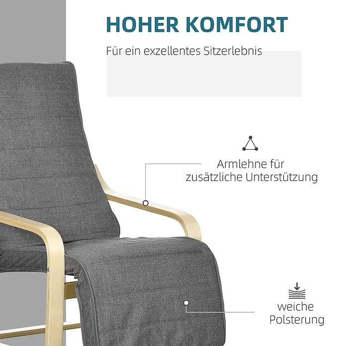 Furnicato Gartenliege - B x T: 94 x 100 cm, Grau, Polyester - Grauer gepolsterter Sessel mit hellen Holzarmlehnen, bietet weiche Polsterung und hohen Komfort.