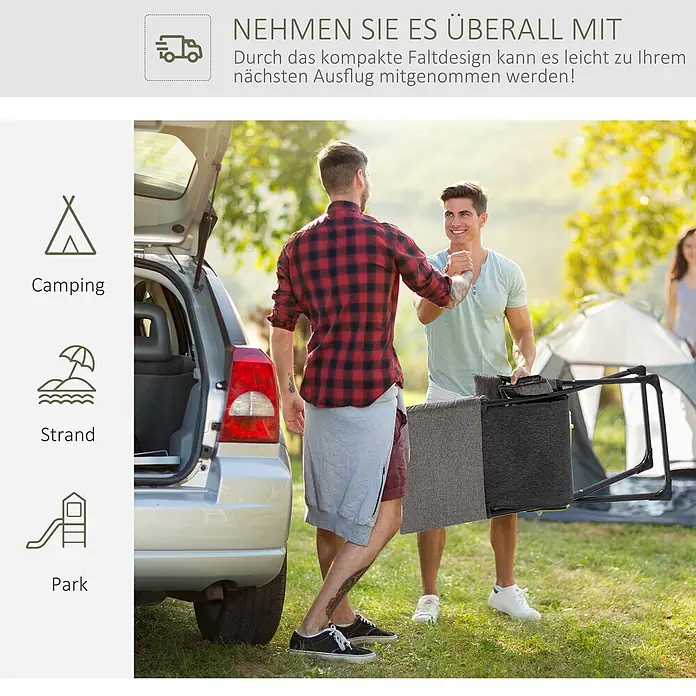 Furnicato Gartenliege - B x T: 66 x 118 cm, Grau, Stahl - Ein Mann trägt einen zusammengeklappten grauen Faltstuhl mit schwarzem Gestell neben einem Auto, um seine Tragbarkeit für den Außeneinsatz zu betonen.