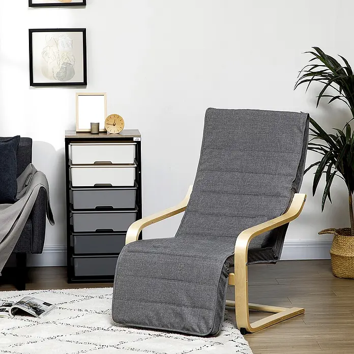 Furnicato Gartenliege - B x T: 94 x 100 cm, Grau, Polyester - Graue Stoff-Relaxliege mit hellem Holzrahmen in einem modernen Wohnzimmer.