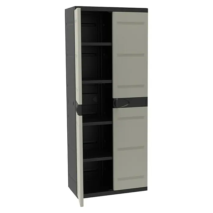 Plastiken Titanium Armario multiusos de plástico - L x An x Al: 44 x 70 x 176 cm, Número de puertas: 2 ud., Gris/Negro - En la imagen se muestra un armario de almacenamiento de plástico gris con una puerta parcialmente abierta, que revela múltiples estantes en su interior.