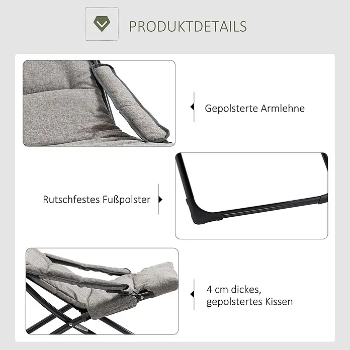 Furnicato Gartenliege - B x T: 66 x 118 cm, Grau, Stahl - Nahaufnahmen eines grauen Polsterstuhls: gepolsterte Armlehne, rutschfestes Fußpolster und 4 cm dickes Kissen.